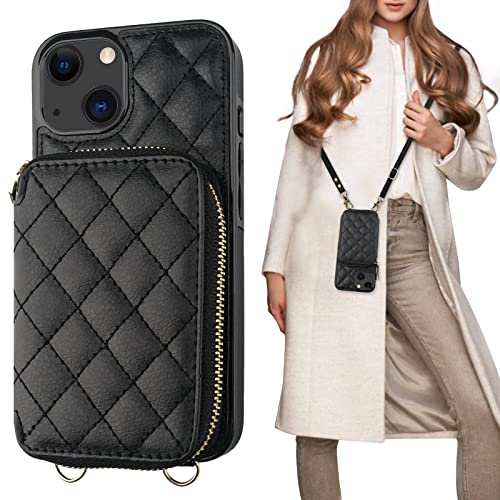 Bocasal Crossbody Wallet Case Card Holder for iPhone 13, Black | RFID Blocking PU Leather Zipper Handbag Purse, Kickstand Flip Folio Case with Card Slots Holder Wrist Strap Lanyard 6.1 Inch - color: Black