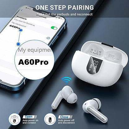 Wireless Earbuds, 2024 Wireless Headphones HiFi Stereo Earphones with 4 ENC Noise Canceling Mic, 42Hs Playtime In Ear Earbud, Bluetooth 5.3 Sport Earphones with LED Power Display for Android iOS White - color: White