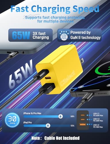 85W Dynamic Power GaN USB-C Fast Charger, 2C1A 3-Port, Max 65W, 2 Pack - color: Yellow, size: 2Pack