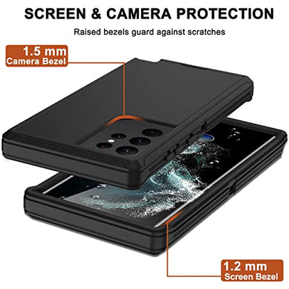 for Samsung Galaxy S22 Ultra Case with Belt Clip Holster, 2X Screen Protector, Military Grade Protection Heavy Duty Full Body Shockproof Rugged Protective Cover for Samsung S22 Ultra 5G Black - color: Black