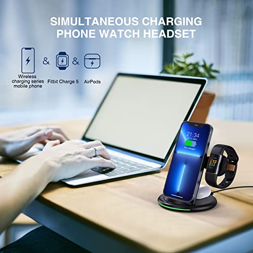 3 in 1 Wireless Charger for Fitbit Charge 6/5/Fitbit Luxe,Wireless Charging Station Compatible for iPhone 14/12 Pro Max/13/11/8, for Samsung Galaxy S22+ S22, for AirPods Pro/3 (Black)
