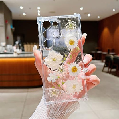 Compatible with Samsung Galaxy S23 Ultra Case Cute Pressed Dried Real Flowers Design Women Girly Shockproof Glitter Floral Clear Phone Cover S23 Ultra (White Flower) - color: White Flower, size: Samsung S23 Ultra