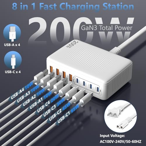 200W GaN 8-Port USB C Charging Station, PD 65W Multi-Device Charger - color: White