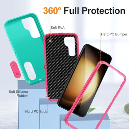 for Samsung Galaxy S23 FE Case with Kickstand Case 3-Layer Military Grade Protective Case Cover Silicone Heavy Duty Rugged Shockproof for Galaxy S23 FE Phone Case (Cyan+Rose Red) - color: Cyan+Rose Red