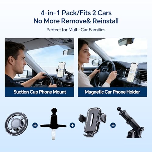 for iPhone MagSafe Phone Holders for Your car 2-Pack Adjustable Suction Cup Phone Mount for All iPhone & Android Smartphone,4 Setups - Dashboard/Vent/Windshield/Desk, Fits All Cars