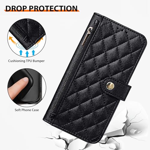 Wallet Phone Case Crafted for iPhone 17 Pro Black | Women Wallet Flip Case Cover Wrist Strap Zipper Credit Card Holder Slots PU Leather - color: Black, size: iPhone 17 Pro