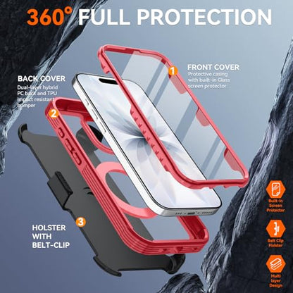 Magnetic for iPhone 17 Case, Compatible with MagSafe, Full Body Rugged Case with Built-in Screen Protector & Kickstand & Belt-Clip (Red) - color: Red
