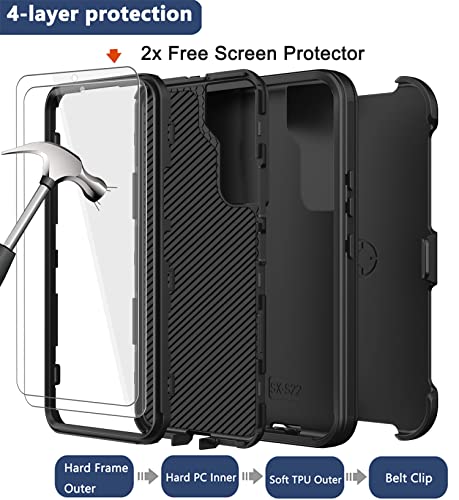for Samsung Galaxy S22 Plus Case with Belt Clip Holster, 2X Screen Protector, [Military Grade Protection] Heavy Duty Full Body Shockproof Rugged Protective Cover for Samsung S22 Plus 5G Black - color: Black