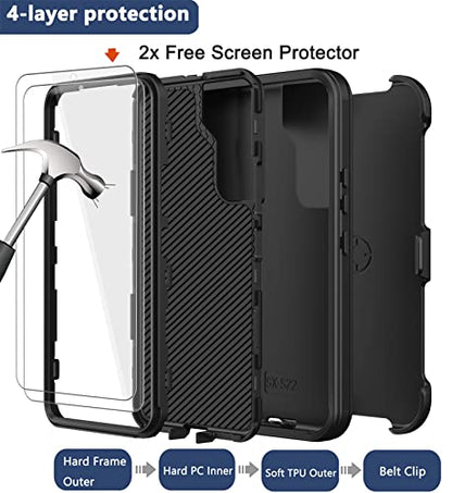 for Samsung Galaxy S22 Plus Case with Belt Clip Holster, 2X Screen Protector, [Military Grade Protection] Heavy Duty Full Body Shockproof Rugged Protective Cover for Samsung S22 Plus 5G Black - color: Black