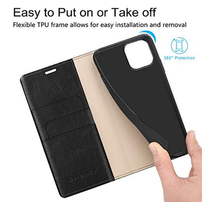 Belemay Compatible with iPhone 15 Pro Case Wallet-Genuine Leather-RFID Blocking Card Holders-Shockproof TPU Shell-Kickstand-Durable Flip Cover-Book Folding Phone Case Women Men (6.1-inch) Black - color: Black, size: iPhone 15 Pro