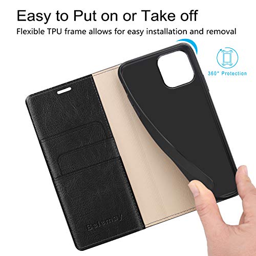 Belemay Case Compatible with iPhone 14 Wallet Case-Genuine Leather Flip Phone Case-RFID Blocking Card Holder-Shockproof TPU Shell Folio Book Cover Women Men Compatible with iPhone 14 (6.1-inch) Black - color: Black, size: iPhone 14
