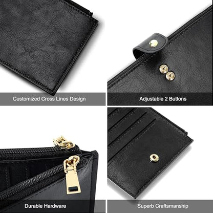 Travelambo RFID Wallet Women Large Size Bifold Multi Card Wallet Case with Zipper Pocke Credit Card Holder for Women - color: Black Wax Leather