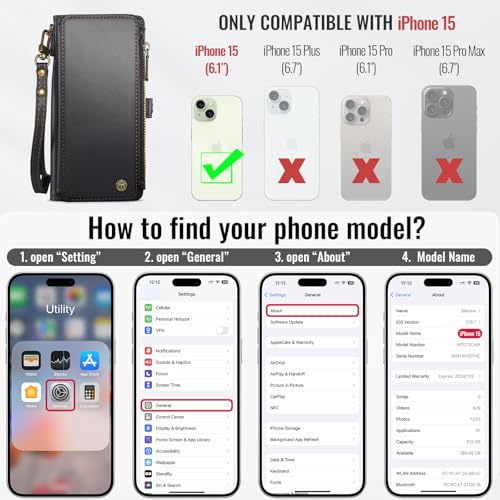 Defencase for iPhone 15 Wallet Case with RFID Blocking Card Holder, Black | Durable Soft PU Leather, with Zipper Pocket, Wrist Strap, Fashion Snap Flip Phone Cases Cover with Stand for Women and Men - color: Black