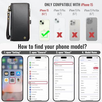 Defencase for iPhone 15 Wallet Case with RFID Blocking Card Holder, Black | Durable Soft PU Leather, with Zipper Pocket, Wrist Strap, Fashion Snap Flip Phone Cases Cover with Stand for Women and Men - color: Black