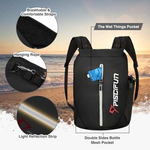 Piscifun Waterproof Floating Dry Backpack 10L/20L/30L | Lightweight and Durable, With Waist Pouch and Phone Case, Ideal for Kayaking, Camping, Beach, Boating, Swimming - color: Black, size: 30L
