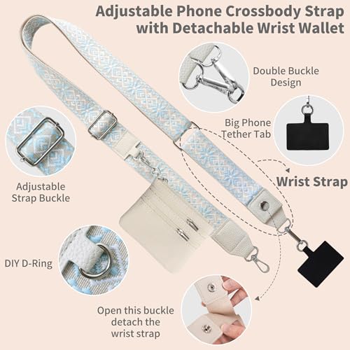 2pcs Clip and Go Strap for Phone with Wallet Crossbody Strap with Pouch - color: Blue White+pink+leopard+green