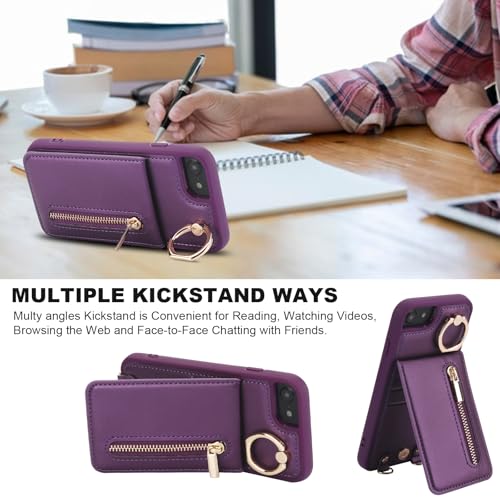 Crossbody Wallet Case for iPhone 7/8/SE 2020/SE 2022, with Card Slots Zipper Pocket Case, Flip Folio Purse RFID Blocking with Ring Kickstand Detachable Strap-Lavender - color: Lavender, size: iPhone 7/8/SE 2020/SE 2022 (4.7")