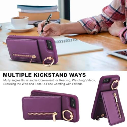 Crossbody Wallet Case for iPhone 7/8/SE2020/SE2022 with Lanyard Strap Card Slot Holder RFID Blocking Kickstand,Magnetic Flip Folio Zipper Purse Case,PU Leather Cover Handbag,Deep Purple - color: Deep Purple, size: iPhone 7/8/SE 2020/SE 2022(4.7")