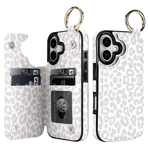 HAOPINSH Wallet Case for iPhone 17 with Card Holder, White Leopard Cheetah Print Back Flip Folio PU Leather Kickstand Card Slots Case, Finger Grip Ring Double Magnetic Clasp Shockproof 6.3" - color: White Leopard Grip Ring