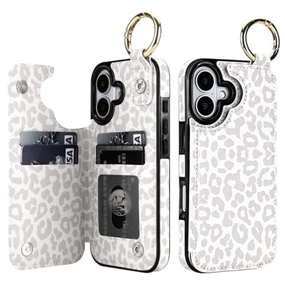 HAOPINSH Wallet Case for iPhone 17 with Card Holder, White Leopard Cheetah Print Back Flip Folio PU Leather Kickstand Card Slots Case, Finger Grip Ring Double Magnetic Clasp Shockproof 6.3" - color: White Leopard Grip Ring