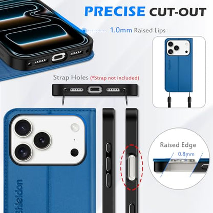 SHIELDON Genuine Leather Wallet Case for iPhone 17 Pro 6.3", Sapphire Blue | Magnetic Closure, RFID Blocking, Credit Card Holder, Kickstand, Folio Design, Shockproof Phone Cover for Men Women - color: Sapphire Blue