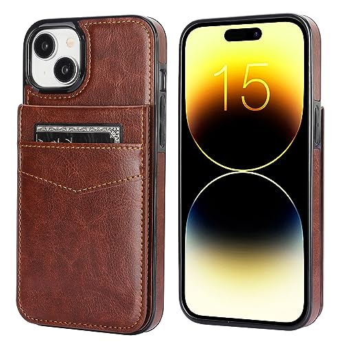 KIHUWEY for iPhone 15 Plus Wallet Case Card Holder Kickstand, Brown | Credit Card Slots, PU Leather, Magnetic Clasp, Flip Heavy Duty Protection Cover for Men and Women - color: Brown