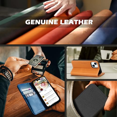 SHIELDON Genuine Leather Case Wallet for iPhone 15 6.1" 2023, Retro Brown | Magnetic Closure, RFID Blocking, Credit Card Slot, Kickstand, Flip Book Design, Shockproof Phone Cover - color: Retro Brown