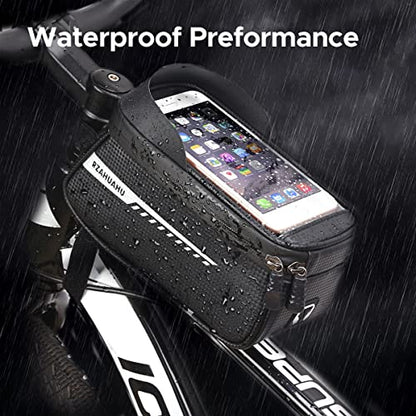 ENGWE Bike Front Frame Bag, Waterproof Bike Phone Holder Mountain Bicycle Handlebar Pouch Cycling Storage Bag with TPU Touch-Screen Sun-Visor Rain Cover for Phones under 6.5”