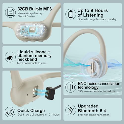 Bone Conduction Headphones IPX8 Waterproof Swimming Headphones Open Ear Headphones with MP3 Mode 32GB Memory 8H Playtime Bluetooth 5.4 Ear Buds Secure Fit (Apricot)