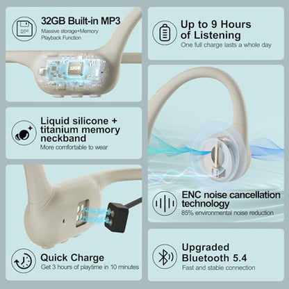 Bone Conduction Headphones IPX8 Waterproof Swimming Headphones Open Ear Headphones with MP3 Mode 32GB Memory 8H Playtime Bluetooth 5.4 Ear Buds Secure Fit (Apricot)