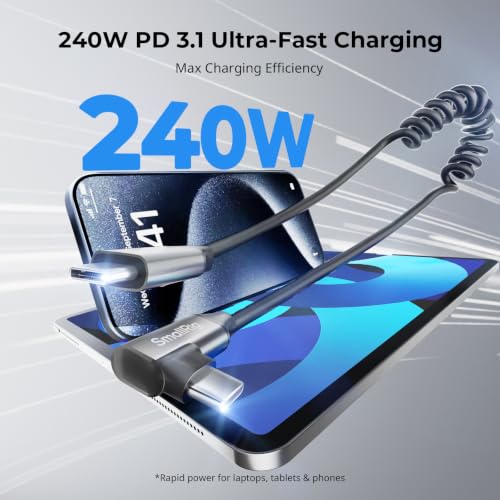 SmallRig USB C to USB C Coiled Data Cable (Straight to Angled), 240W PD 3.1 Fast Charging Cable, USB 2.0 Data Transfer, TPU Coiled Design, Aluminum Alloy Shell for iPhone, Laptops, Tablets & More-5730 - size: 1.15-4.92 ft, style: Straight to Angled Coiled