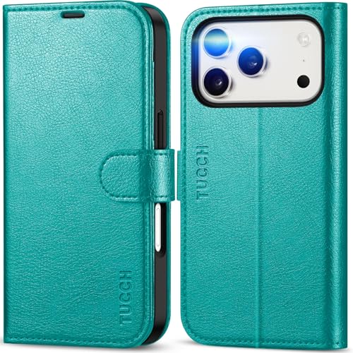 TUCCH Wallet Case for iPhone 17 Pro (6.3") 2025, 4 Card Slots, Cyan | RFID Blocking, Viewing Stand, Shockproof TPU Shell, PU Leather, Magnetic Closure, Protective Folio Flip Cover - color: Textured Cyan