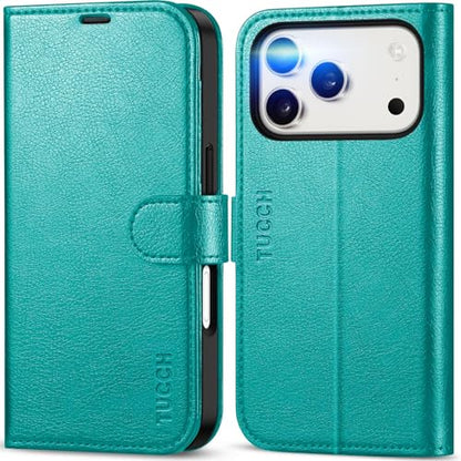 TUCCH Wallet Case for iPhone 17 Pro (6.3") 2025, 4 Card Slots, Cyan | RFID Blocking, Viewing Stand, Shockproof TPU Shell, PU Leather, Magnetic Closure, Protective Folio Flip Cover - color: Textured Cyan