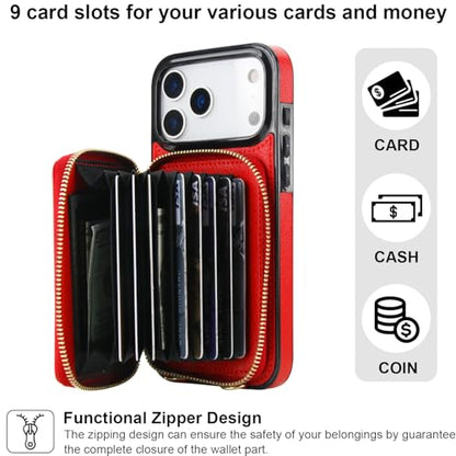 Bocasal Multi-Slot Crossbody Wallet Case for iPhone 17 Pro Max, Red | RFID Blocking PU Leather Purse Case with Card Holder, Handbag Flip Cover with Zipper Wrist Strap Lanyard for Women 6.9 Inch - color: Red
