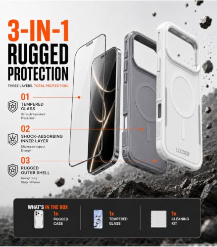 LOOXER® Heavy Duty Rugged Magnetic Case for iPhone 17 Pro (6.3”) | Military Grade Shockproof Protection,MagSafe Compatible+ Tempered Glass Included (White, 17 Pro) - color: White, size: 17 Pro