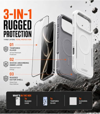 LOOXER® Heavy Duty Rugged Magnetic Case for iPhone 17 Pro (6.3”) | Military Grade Shockproof Protection,MagSafe Compatible+ Tempered Glass Included (White, 17 Pro) - color: White, size: 17 Pro