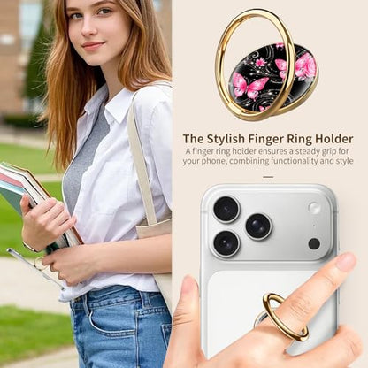 Cell Phone Ring Holder, Cute Phone Ring Grip Stand, 360°Rotation Funny Metal Kickstand Finger Grip Pink Black Butterfly - color: Pink Black Butterfly