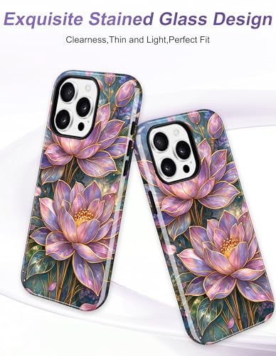 Jusy Magnetic Stained Glass Floral Case for iPhone 15 Pro, Lotus | Compatible with MagSafe, Cute Aesthetic Flower Design, TPU and PC Protective Phone Cover - color: Lotus