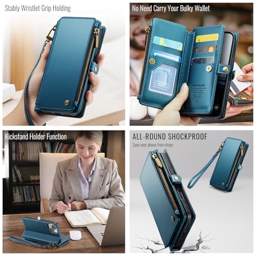 Defencase for iPhone 15 Wallet Case with RFID Blocking Card Holder, Blue | Durable Soft PU Leather, with Zipper Pocket, Wrist Strap, Fashion Snap Flip Phone Cases Cover with Stand for Women and Men - color: Lake Blue