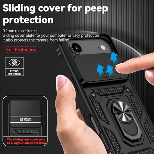 for iPhone Air Case, with Slide Camera Cover HD Screen Protector [Military Grade 16ft. Drop Tested] Ring Holder Kickstand Protective Phone Case for Apple iPhone Air 2025, Black - color: Black w/ Slide Camera 2nd gen. Military Grade