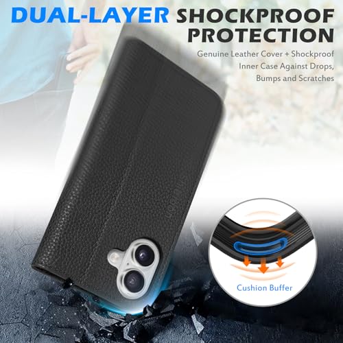 SHIELDON Genuine Leather Case Wallet for iPhone 17 6.3" 2025, Pebbled Black | Magnetic Closure, RFID Blocking, Credit Card Slot, Viewing Stand, Foldable Design, Shockproof TPU Phone Cover - color: Pebbled Black