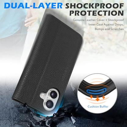 SHIELDON Genuine Leather Case Wallet for iPhone 17 6.3" 2025, Pebbled Black | Magnetic Closure, RFID Blocking, Credit Card Slot, Viewing Stand, Foldable Design, Shockproof TPU Phone Cover - color: Pebbled Black