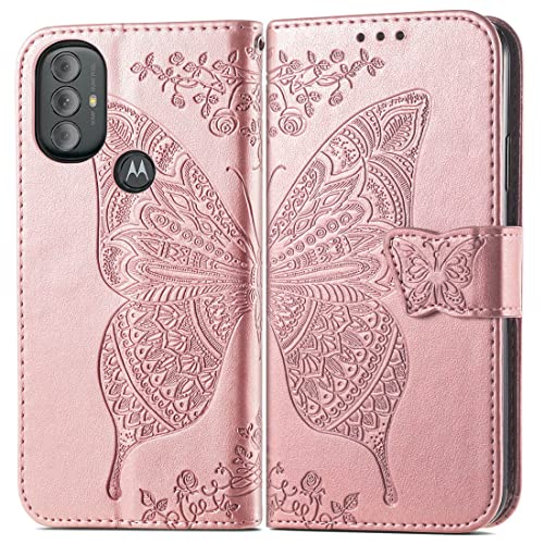 for Moto G Power 2022 Case Wallet,Women Flip Cover,Rose Gold | Butterfly Embossed PU Leather Kickstand Credit Card Holder Slots Magnetic Wrist Strap Purse - color: Rose Gold