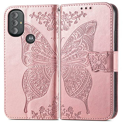 for Moto G Power 2022 Case Wallet,Women Flip Cover,Rose Gold | Butterfly Embossed PU Leather Kickstand Credit Card Holder Slots Magnetic Wrist Strap Purse - color: Rose Gold