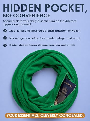 Pop Fashion Solid Color Hidden Zipper Pocket Scarf - Fashion Scarf for Women - All Seasons - color: Green