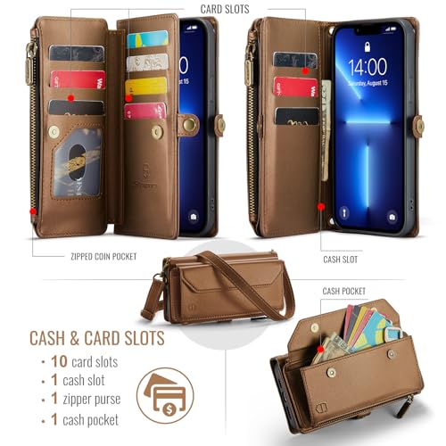 Strapurs Wallet Case Compatible with iPhone 13 Pro Max RFID Blocking 10-Card Holder Soft PU Leather Magnetic Snap Shoulder Strap Zipper Pocket Phone Case Fit for iPhone 13 Pro Max - Brown | RFID Blocking 10-Card Holder, Shoulder Lanyard, Wirst Strap, Zipp