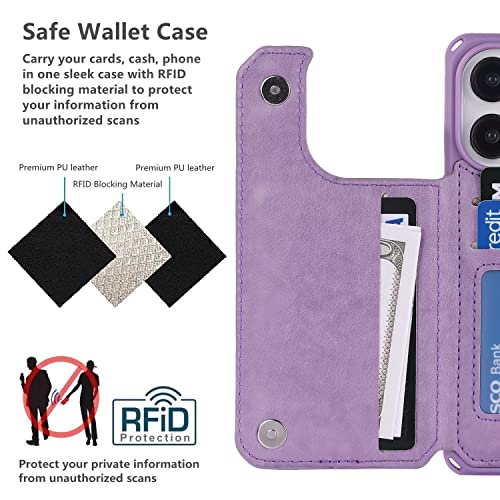 iCoverCase Compatible with iPhone 14 Pro Wallet Phone Case with Card Holder for Women, RFID Blocking Embossed PU Leather Wrist Strap Case 6.1 Inch (Heart Purple) - color: H-Purple
