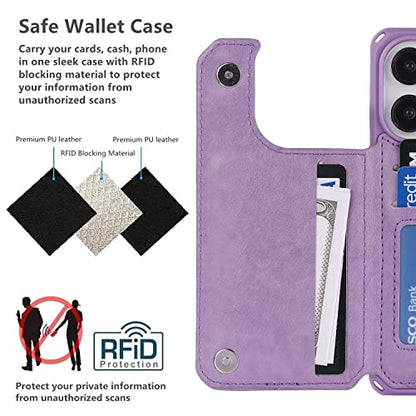 iCoverCase Compatible with iPhone 14 Pro Wallet Phone Case with Card Holder for Women, RFID Blocking Embossed PU Leather Wrist Strap Case 6.1 Inch (Heart Purple) - color: H-Purple
