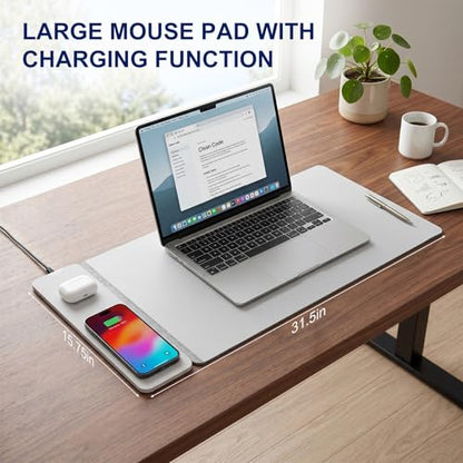 15W Wireless Charging Mouse Pad 31.5"x15.75", Double-Sided Faux Leather - color: NF-Gray