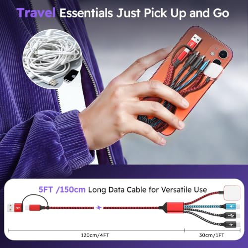 Travel Essentials Triple USB C 4in2 Multi Charging Cable for iWatch Charger - color: Red&Black&Sky Blue, size: AC to 2C+L+iWatch